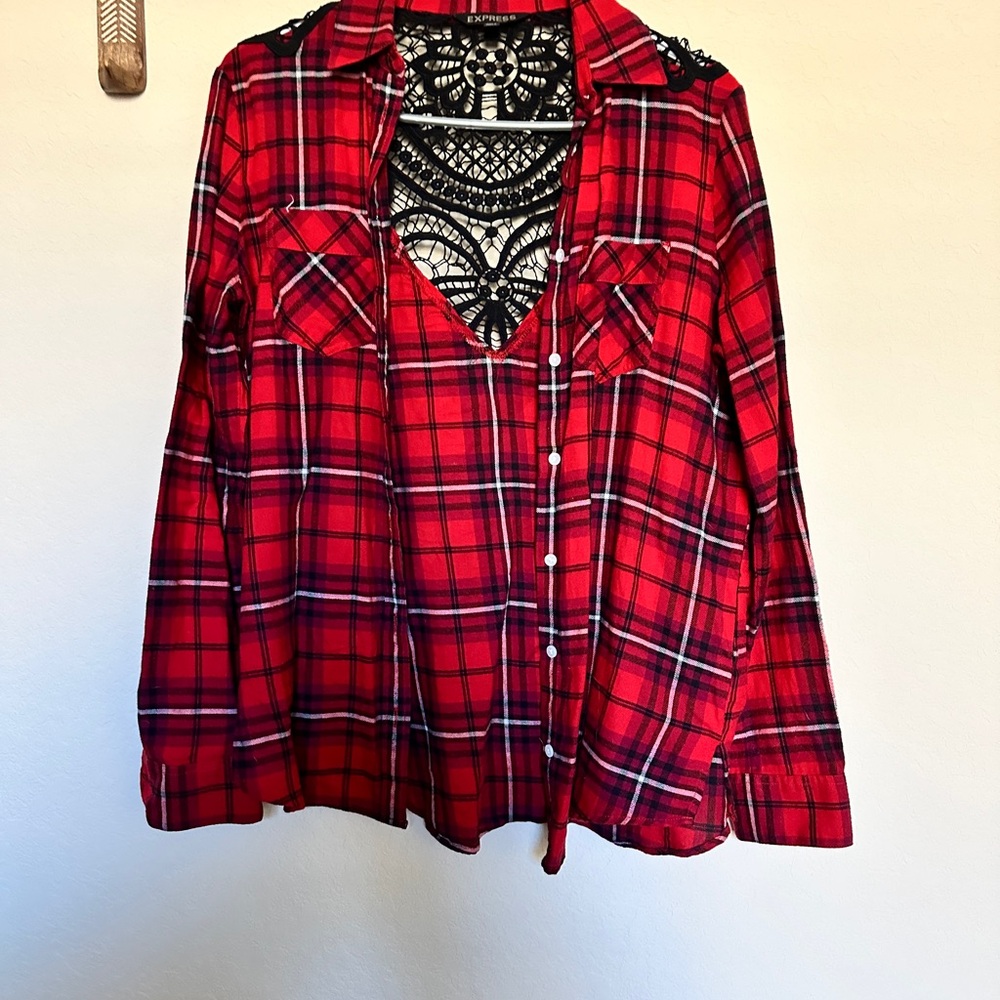 Express Red Plaid flannel Button-Up Shirt with black Lace Detail